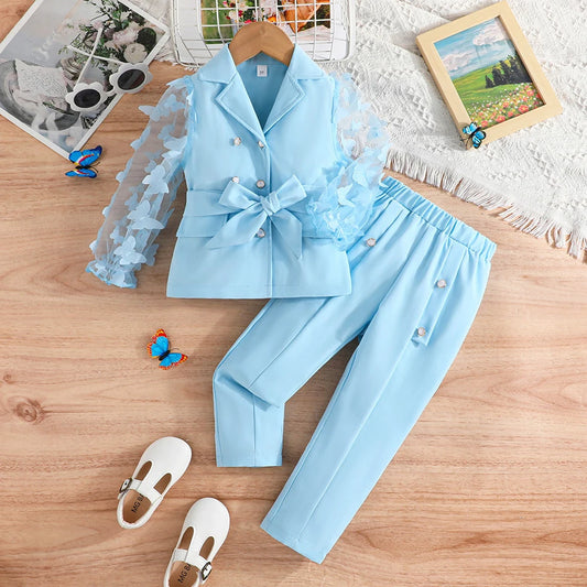 Children Clothing Stylish Girls Kids Autumn Winter Long Sleeve Bow-Tie Mesh-Sleeved Suit Pant Set Everyday Wear Children Sets