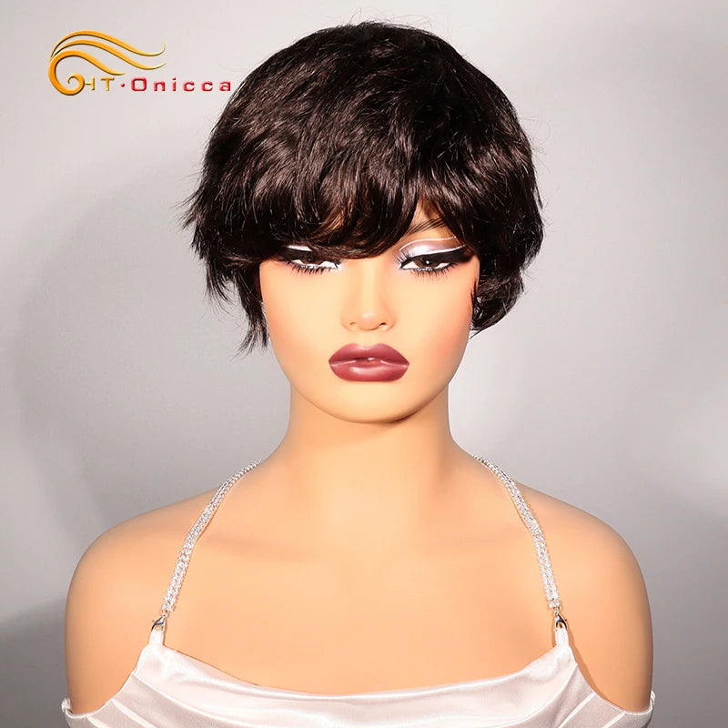 Grey Human Hair Wigs Short Pixie Cut Wig Human Hair For Black Women Machine Made Wigs With Bangs Colored Short Bob Wigs