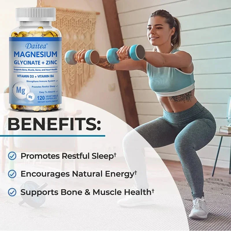 Daitea Magnesium and Zinc Capsules - Magnesium Glycinate Supplement to Support Muscle, Nerve, Joint and Heart Health