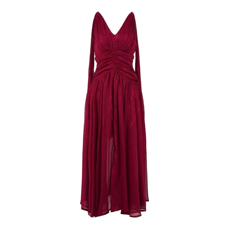 New Summer Chiffon Bright Silk Red Gown Evening Dress Women Clothes Elegant Sexy Tank V-Neck A-Line Maxi Robe Party Prom Vestido