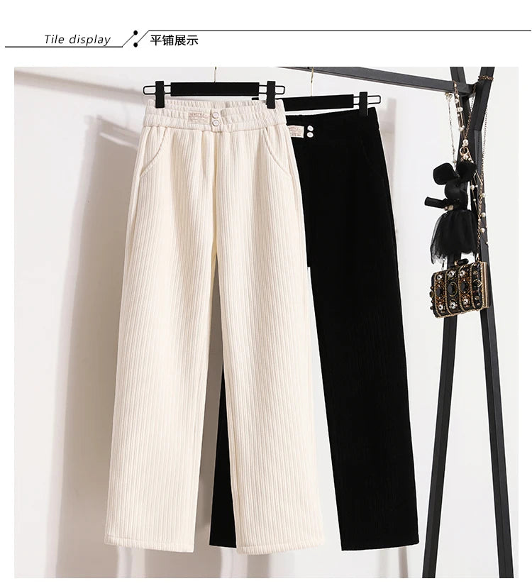 New 2024 Winter Pants For Women Thick Velvet High Elastic Waist White Or Black Chenille Pants Women Streetwear Wide Leg Trousers