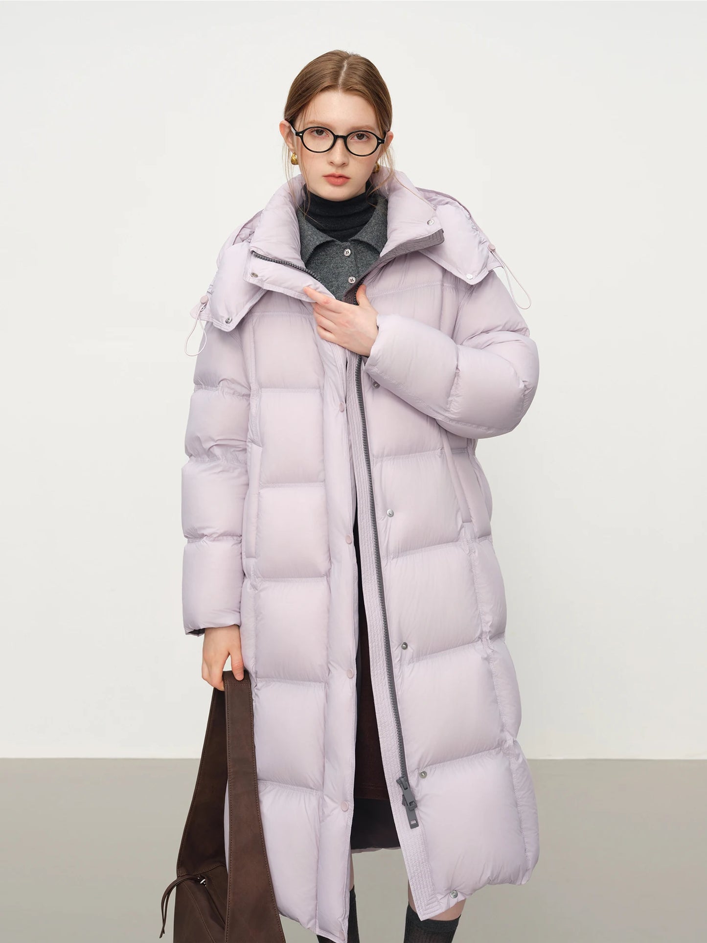 FSLE 2025 Winter New Women's Long Puffer Down Coat with Hood Two-Tone Color Block Thermal Insulated Jacket Heavy Warm Outerwear