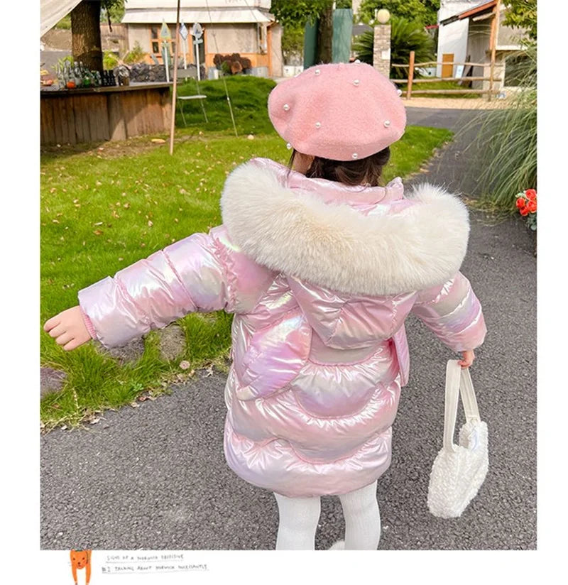 New Winter Coats Girls Warm Long Down Jackets Kids Fashion Unicorn Shiny Waterproof Parka Children Fur Collar Hooded Outerwear