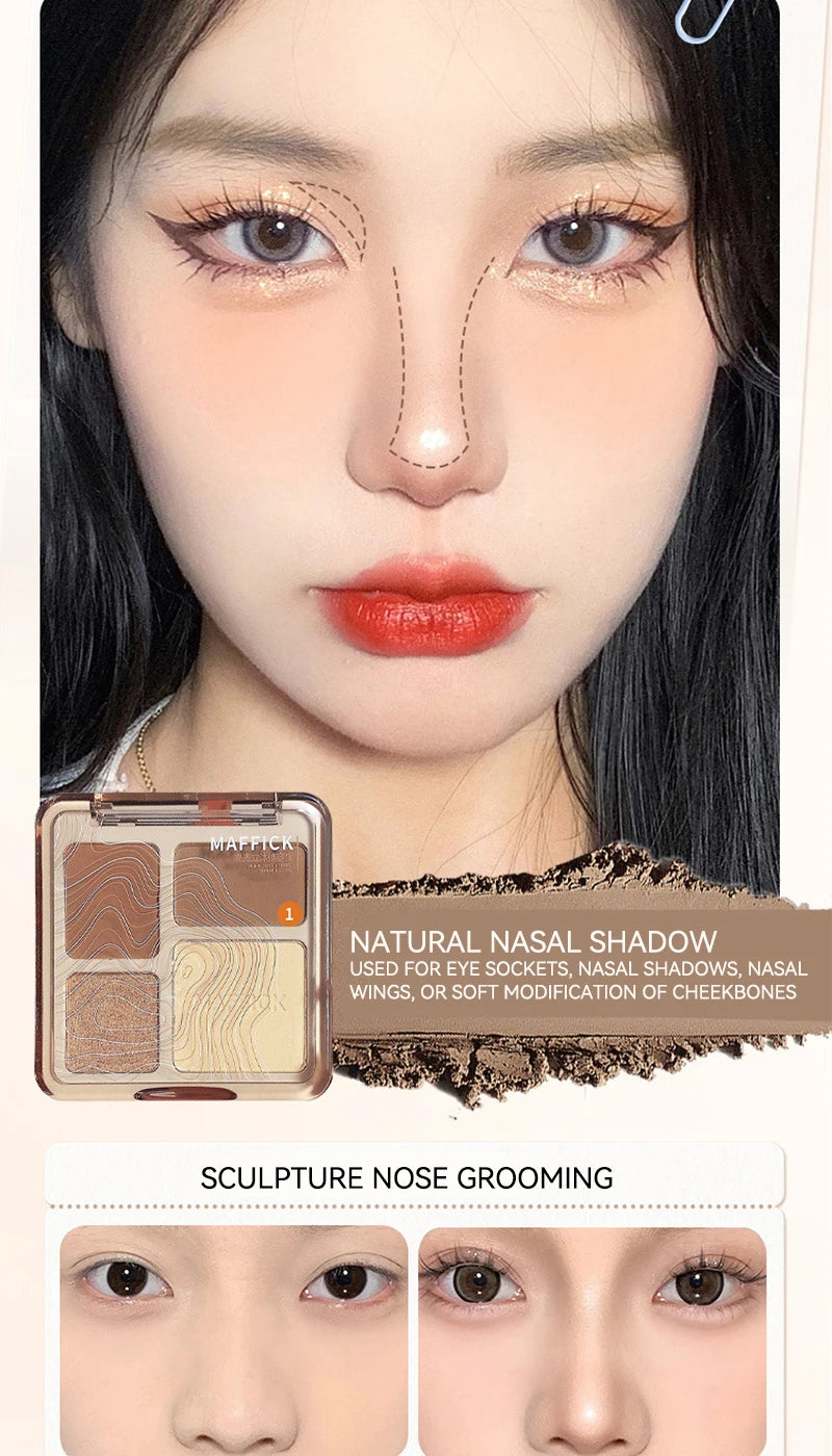 MAFFICK 4-Color Contour Palette:Matte Brightener, and Shimmer Highlight-Versatile Multi-Use Palette for Eye Shadow, Contouring,