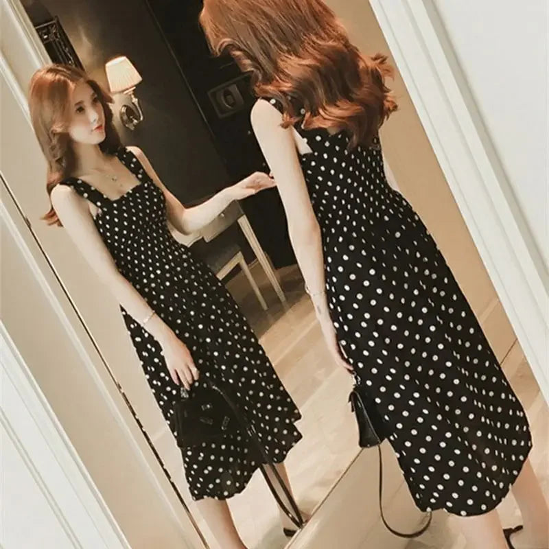 robe femme Summer Polka Dot Womens Dresses Elegant Square Neck Sleeveless Chiffon Long Dress Super Discount vestidos para mujer