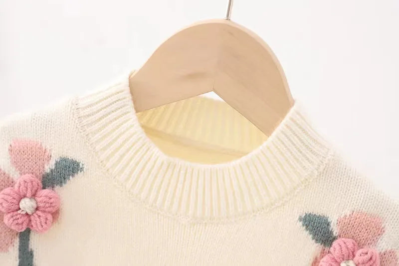 2-7 year old children's clothing autumn winter new girl cute little flower baby knitted pullover children's sweater base shirt