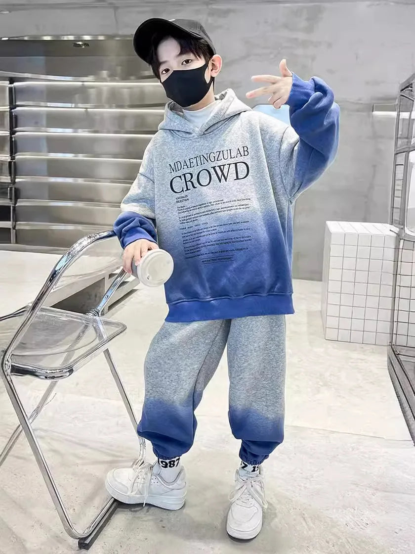 Teenage Boy Clothes Set Spring Letter Gradient Sweatshirt Pullover and Pants Suit Children's Boys Top and Bottom 2pcs Tracksuit