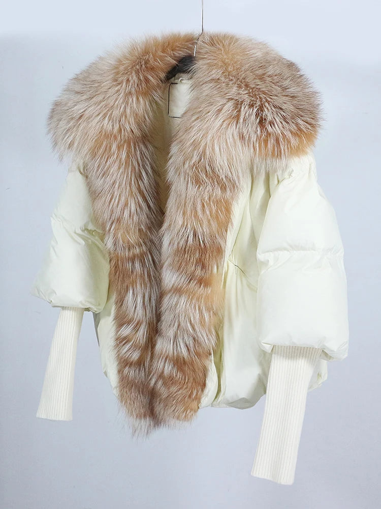 OFTUBY 2023 White Duck Down Jacket Winter Women Warm Loose Coat Natural Real Fox Fur Collar Thick Luxury Outerwear New Fashion