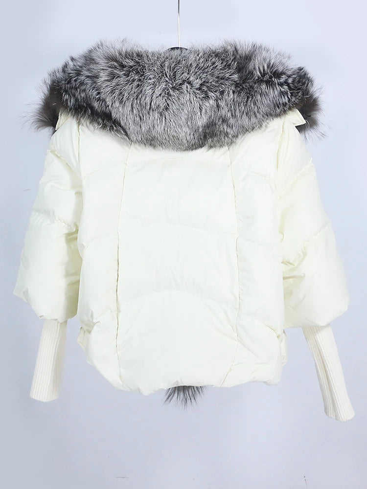 OFTUBY 2023 White Duck Down Jacket Winter Women Warm Loose Coat Natural Real Fox Fur Collar Thick Luxury Outerwear New Fashion