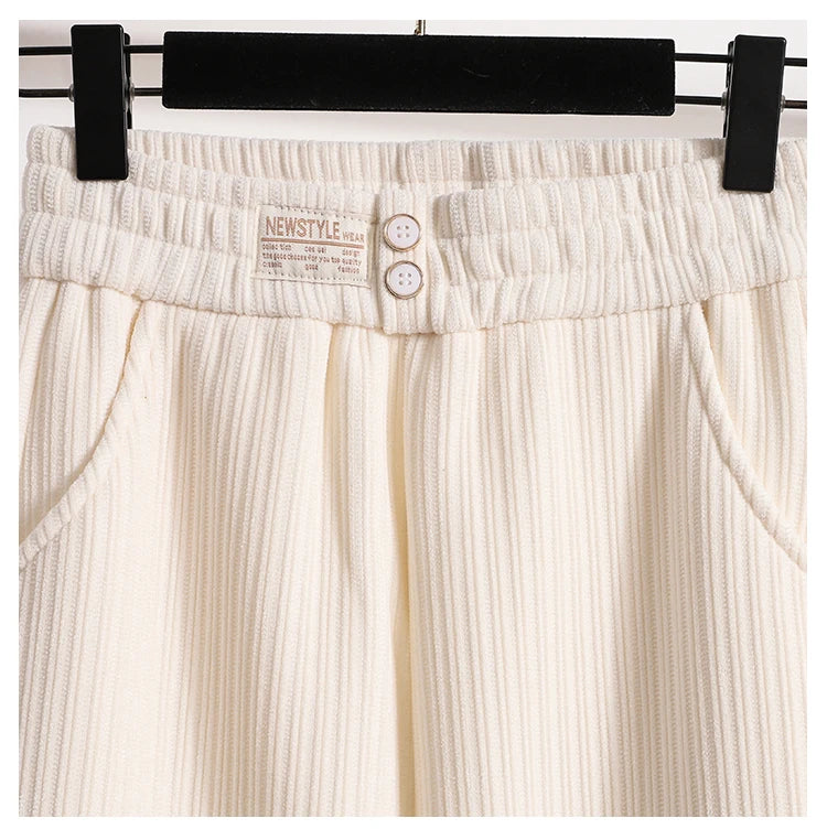 New 2024 Winter Pants For Women Thick Velvet High Elastic Waist White Or Black Chenille Pants Women Streetwear Wide Leg Trousers