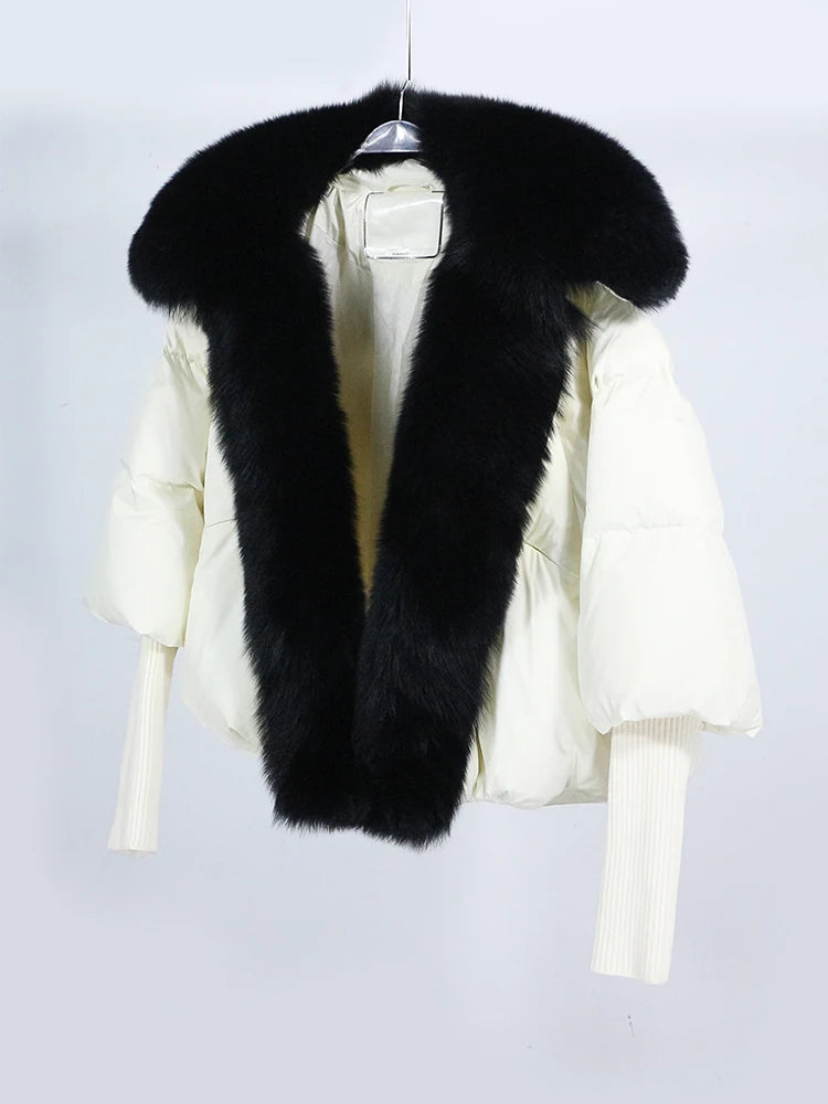 OFTUBY 2023 White Duck Down Jacket Winter Women Warm Loose Coat Natural Real Fox Fur Collar Thick Luxury Outerwear New Fashion