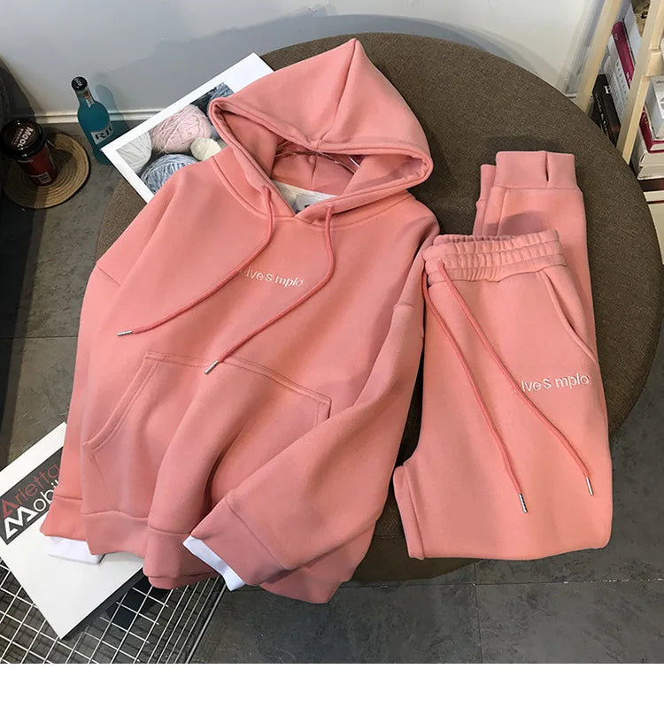 Winter Sweatshirts Women Hooded Tracksuit Two Pieces Set Hoodies Pockets Pants Suit Drawstring Trousers Sports Outfits Autumn