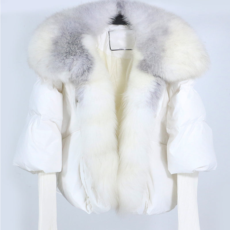OFTUBY 2023 White Duck Down Jacket Winter Women Warm Loose Coat Natural Real Fox Fur Collar Thick Luxury Outerwear New Fashion