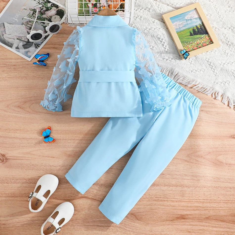 Children Clothing Stylish Girls Kids Autumn Winter Long Sleeve Bow-Tie Mesh-Sleeved Suit Pant Set Everyday Wear Children Sets