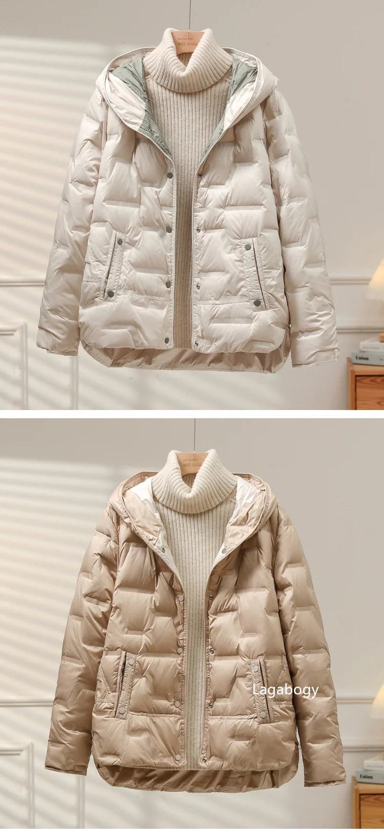 Lagabogy 2025 Autumn Winter Women White Duck Down Coat Casual Single Breasted Hooded Jacket Female Light Puffer Parka Outwear