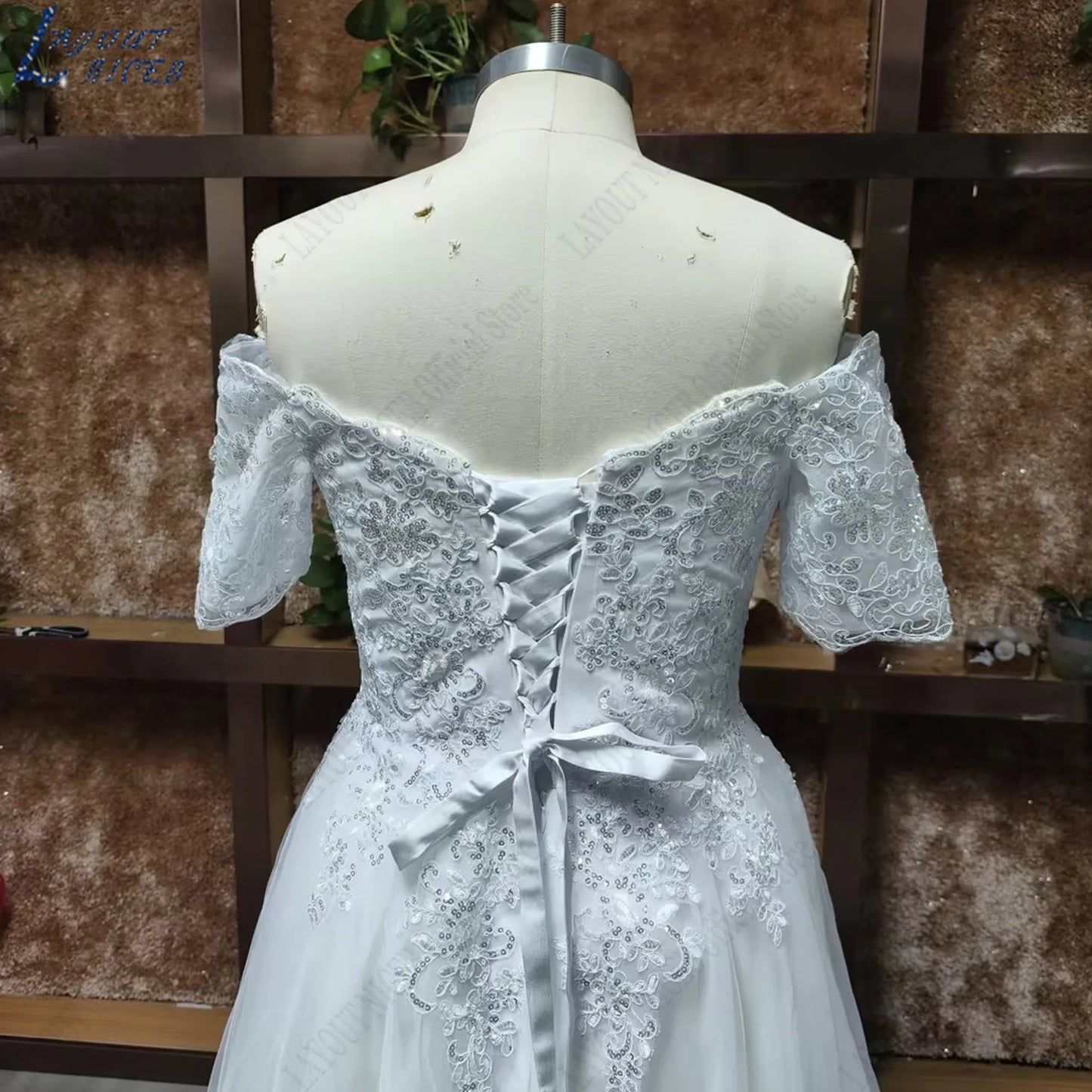 LAYOUT NICEB Elegant Boho Wedding Dresses For Woman Short Sleeves Off Shoulder Lace Applique Bride Gowns Boat Neck Plus Size