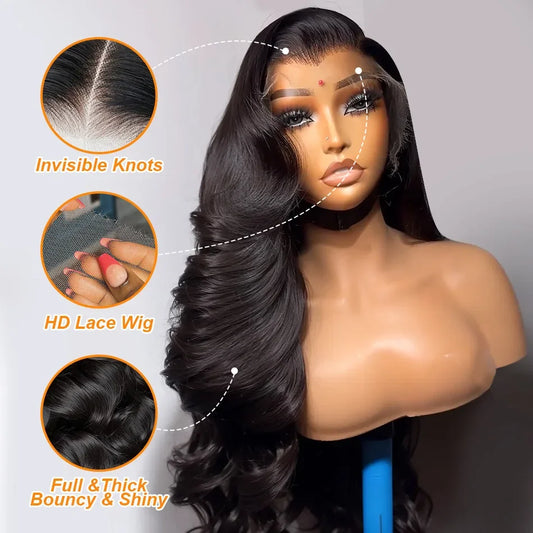 100% Human Hair 13x6 Black Body Wave Lace Frontal Wigs HD 30 40 Inch 13x4 Lace Front Wig Water Loose 5x5 Glueless Closure WearGo