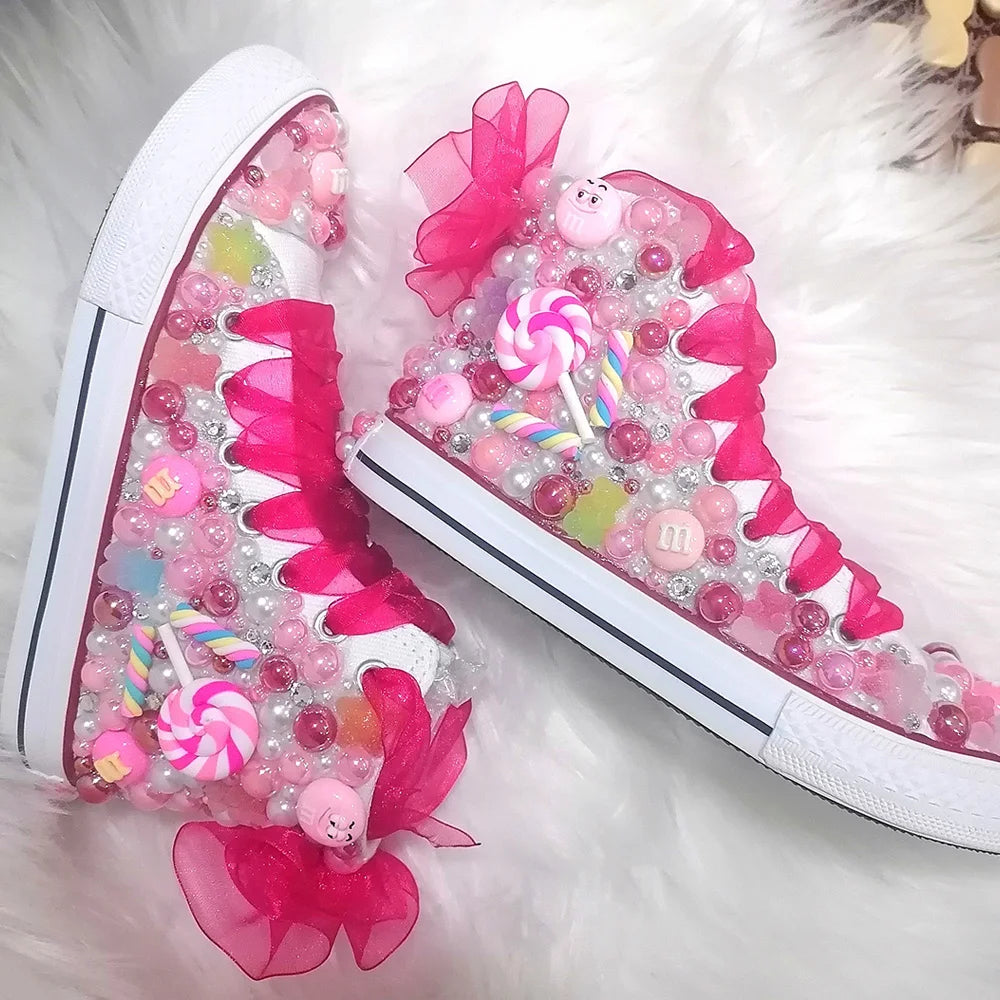 Handmade Rhinestones Bling Girls Womens Kids And Mother Candy Canvas Shoes Pearls Sneakers For Girl Birthday Party Wedding