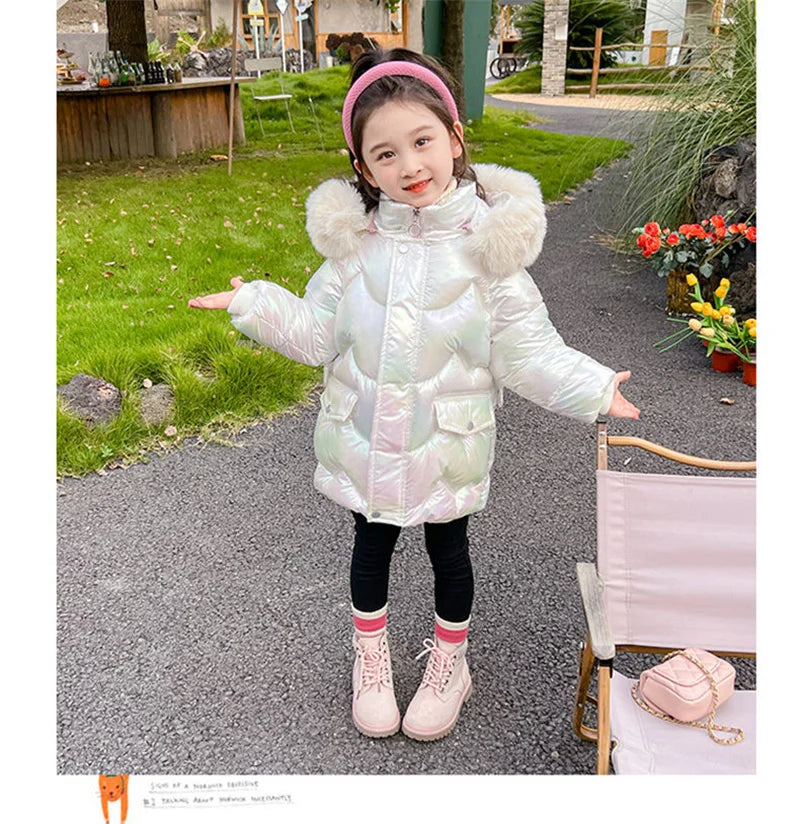 New Winter Coats Girls Warm Long Down Jackets Kids Fashion Unicorn Shiny Waterproof Parka Children Fur Collar Hooded Outerwear