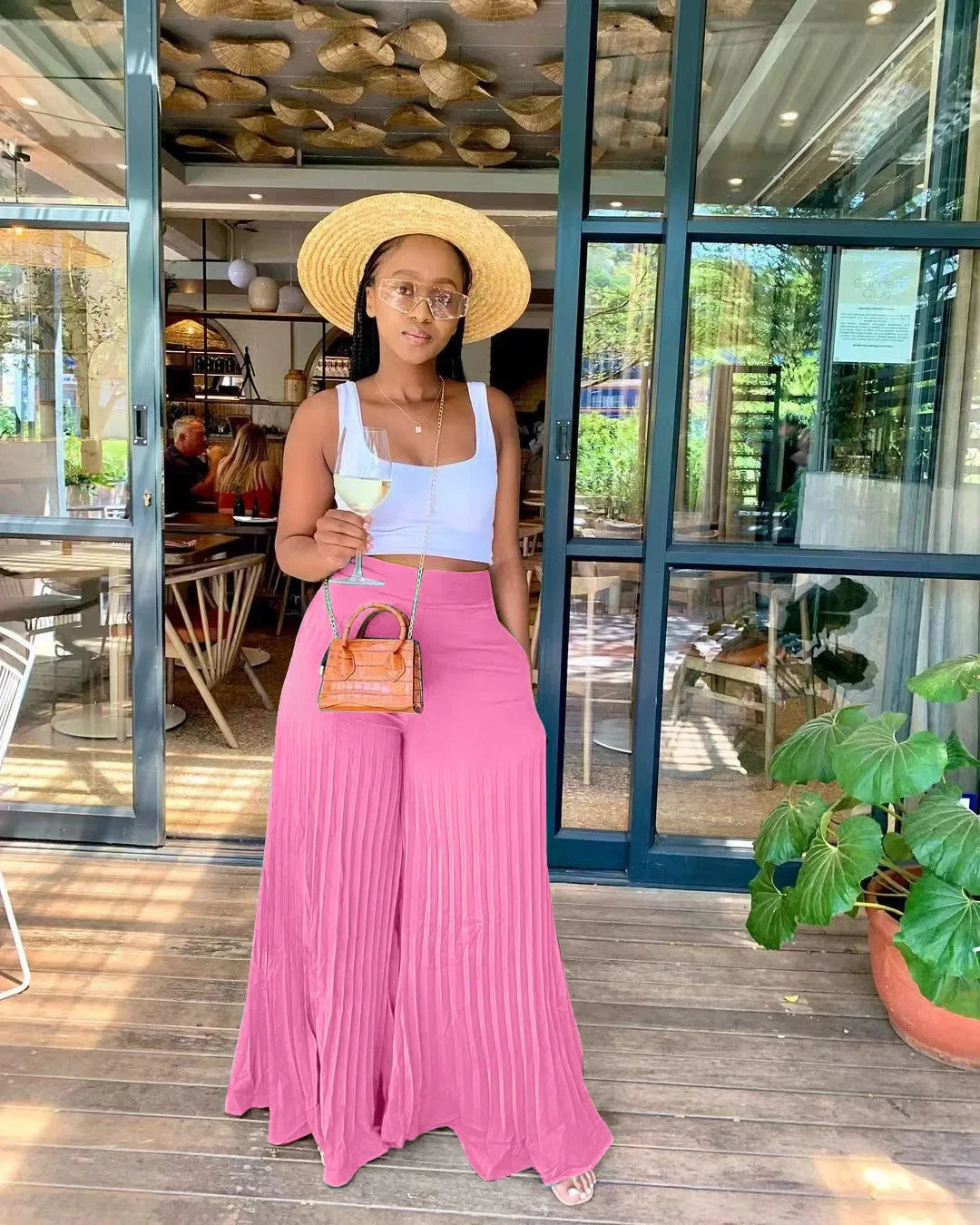 CM.YAYA Elegant Wide Leg Straight High Waist Pleated Pants  Women 2022 Summer New Beach Holiday Boho Trousers