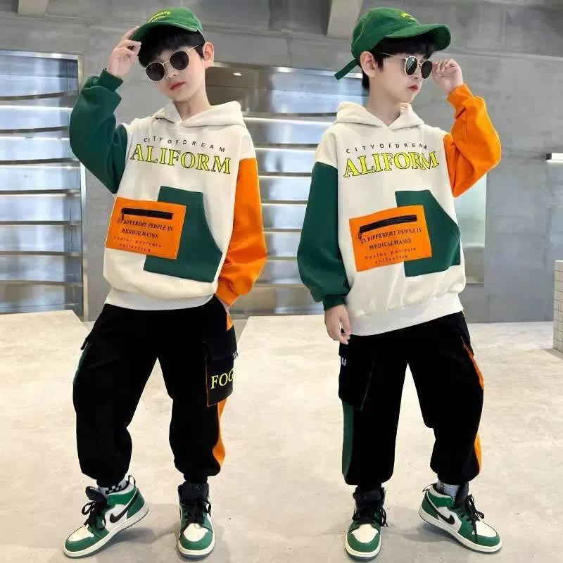 Boys Hooded Sweatshirt Sets Autumn Sport Casual Suits Teen Pullover+Pants 2Pcs Spring Kids Tracksuit Outfits Children Clothes