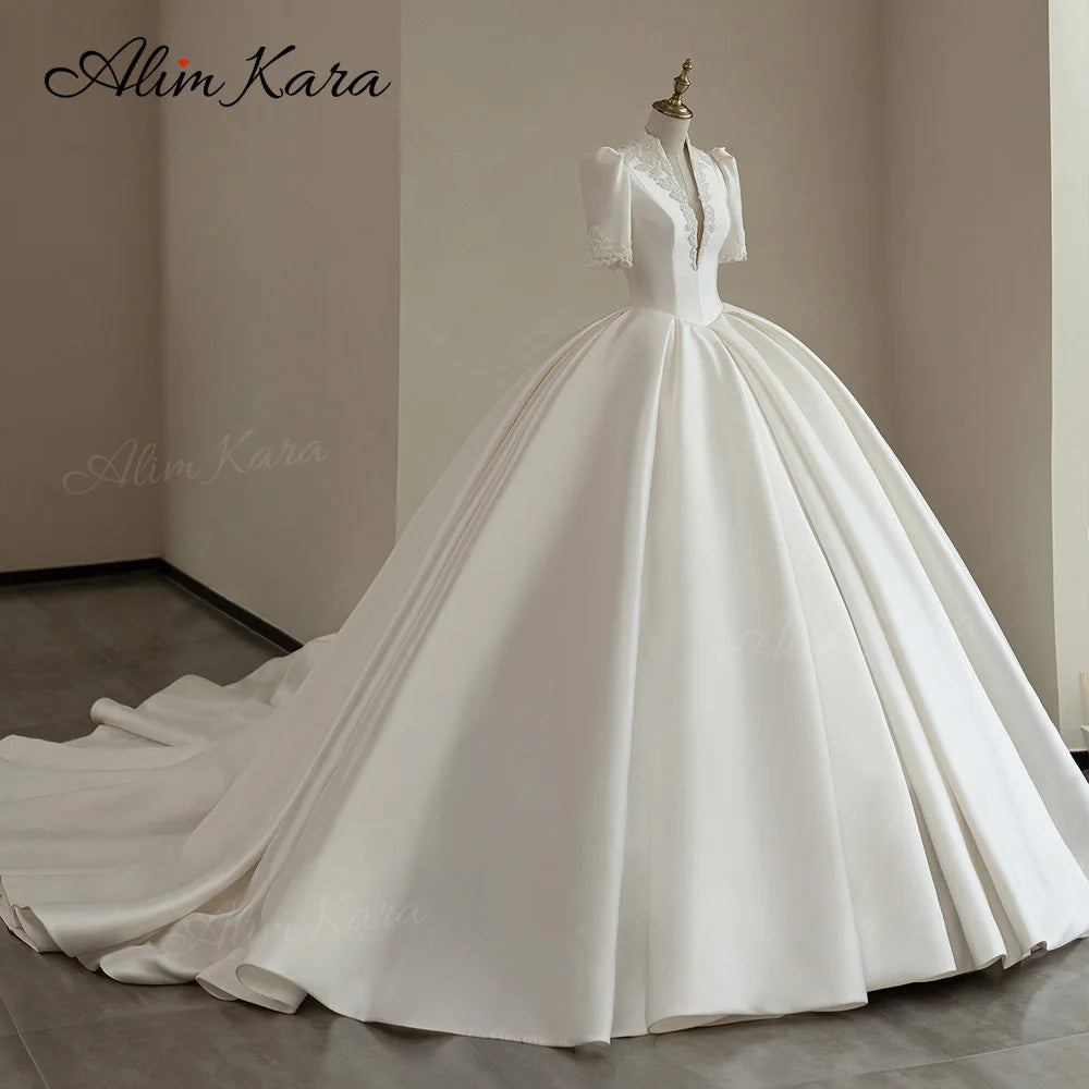Alim Kara V-neck Ball Gown Wedding Dress 2026 Classic Beaded Satin customized Bridal Beach Princess B346 Party Vestido De Novia