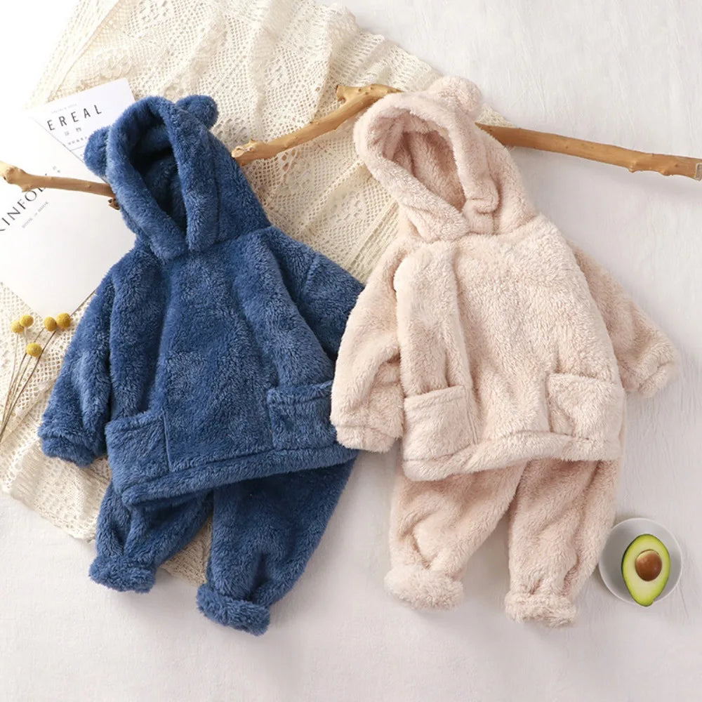 Girls Clothes New Autumn and Winter Teddy Bear Hooded Pocket Long Sleeved Pajamas+Pants Two-piece Home Warm Children's Clothing