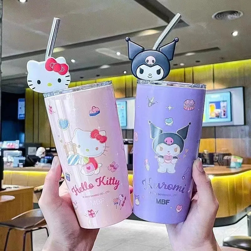 600ML Sanrio thermos cup kawaii hello Kitty kuromi melody student children gift anime cartoon cute portable straw large capacity
