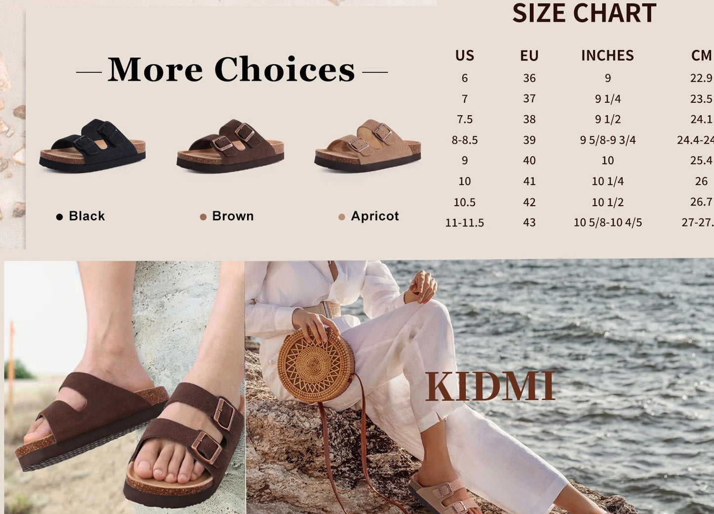 Kidmi New Fashion Women's Sandals Summer Cork Clogs Sandals Classic Women Mules Soft Suede Beach Slides With Adjustable Buckle