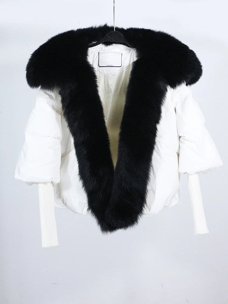 OFTUBY 2023 White Duck Down Jacket Winter Women Warm Loose Coat Natural Real Fox Fur Collar Thick Luxury Outerwear New Fashion