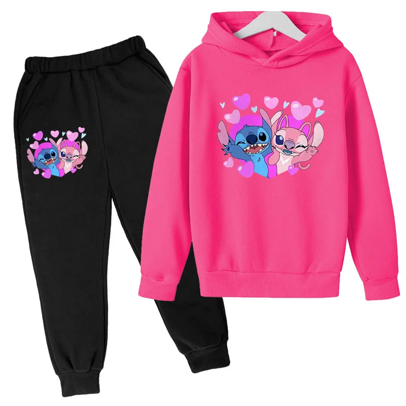 New Cute Stitch Hoodies Sweatshirts Girls Clothes Children's Clothing Sets Child Girl Tops+Pants 2 Pcs Suits Boys Tracksuits Set