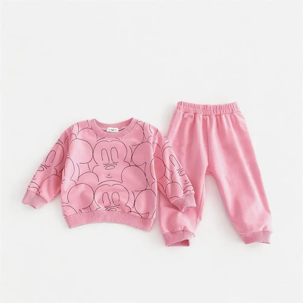 0-3Age Child Clothing Full Print Sweatshirts Solid Color Pants New Cartoon Hoodie All-match Pants Outer Wear Kids Two Piece Set