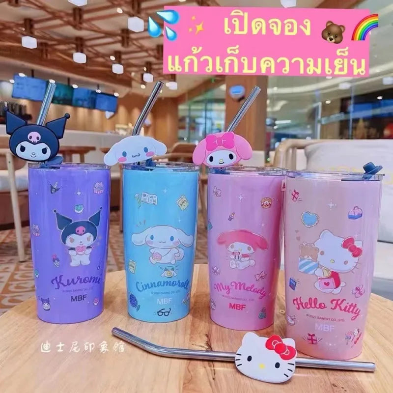 600ML Sanrio thermos cup kawaii hello Kitty kuromi melody student children gift anime cartoon cute portable straw large capacity