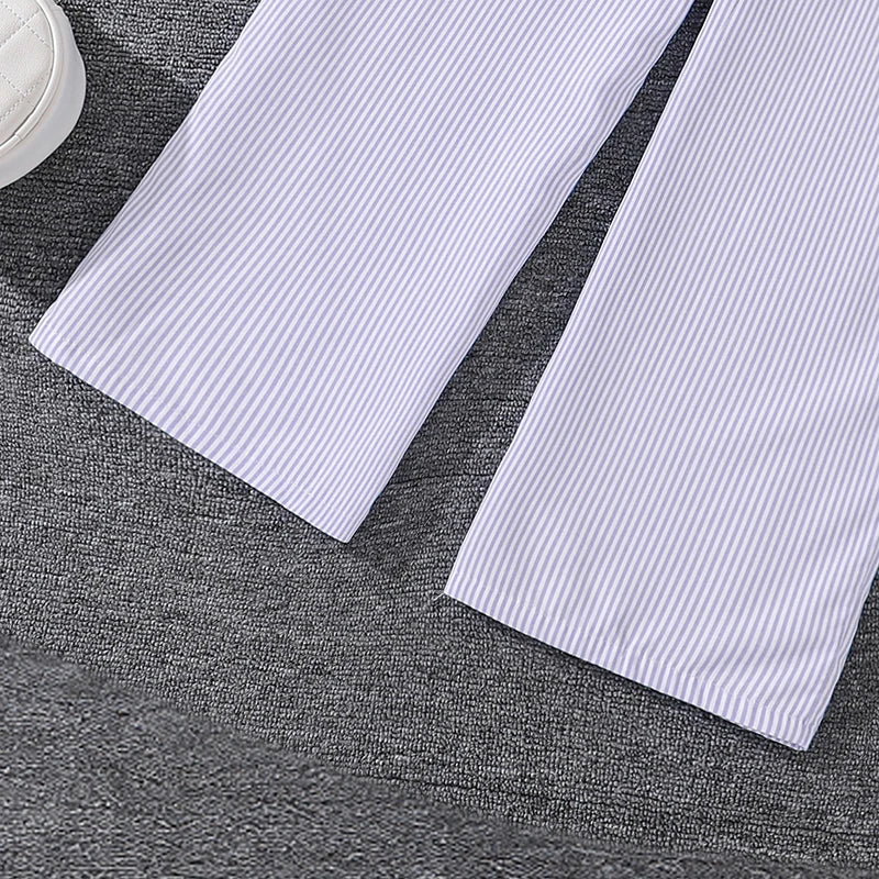 Spring Hot Sale Kids Outfit 4-12 Years Girls Striped Long Sleeve Chemise + Casual Loose Straight Leg Pants Shirt Suit 2Pcs Set