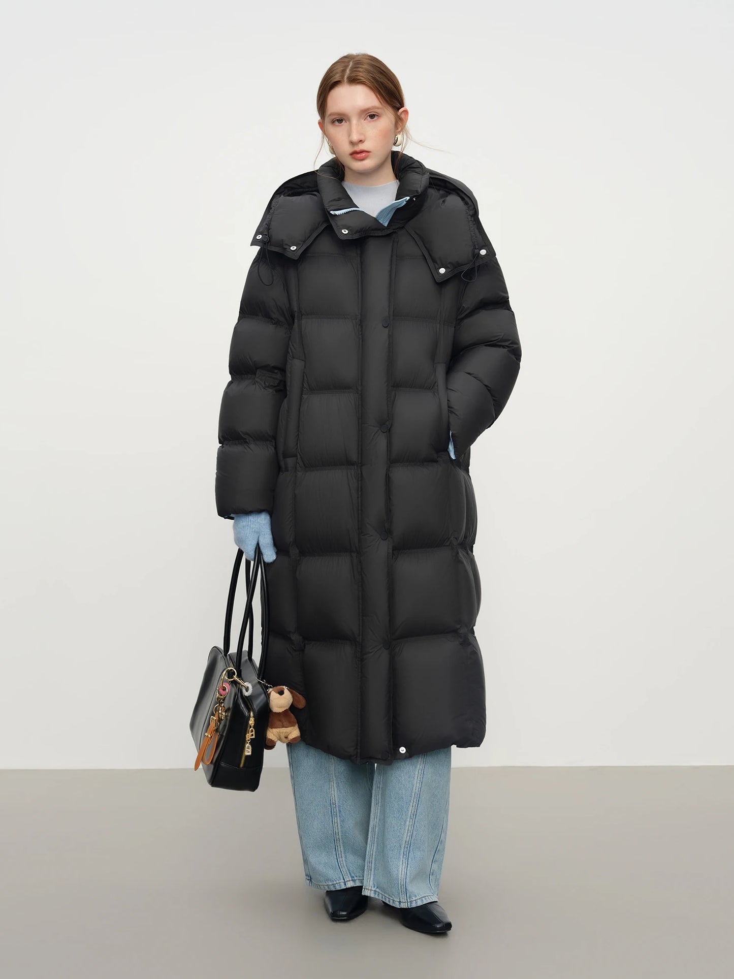 FSLE 2025 Winter New Women's Long Puffer Down Coat with Hood Two-Tone Color Block Thermal Insulated Jacket Heavy Warm Outerwear