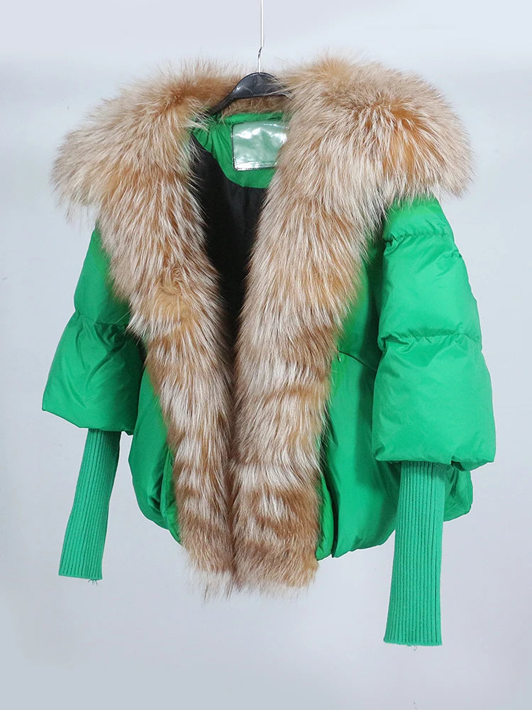 OFTUBY 2023 White Duck Down Jacket Winter Women Warm Loose Coat Natural Real Fox Fur Collar Thick Luxury Outerwear New Fashion