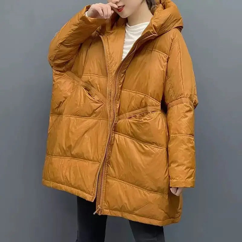New Winter Jacket Women Parkas Hooded Coat Korean Drawstring Zipper Loose Coat Pockets Thicken Warm Casual Coats Trend A49