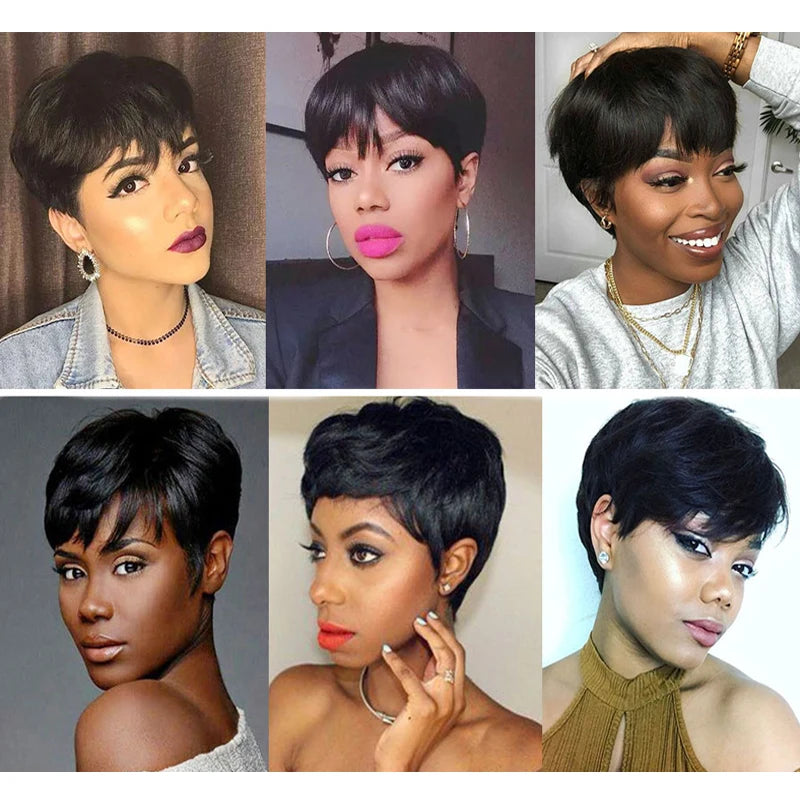 Grey Human Hair Wigs Short Pixie Cut Wig Human Hair For Black Women Machine Made Wigs With Bangs Colored Short Bob Wigs