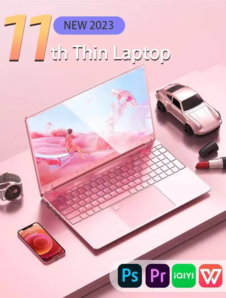 11th Gen Celeron N5095 Laptop - Win 10/11, 16GB 32GB RAM, 128GB - 2TB SSD. 2.4G/5.0G WiFi & Bluetooth, stylish pink keyboard.