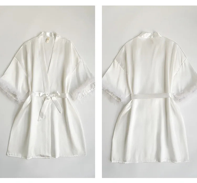 Wedding Bride Robe Morning Gown Elegant Feather Female Kimono Bathrobe Gown Sexy Rayon Summer New Sleepwear Nightwear Lingerie
