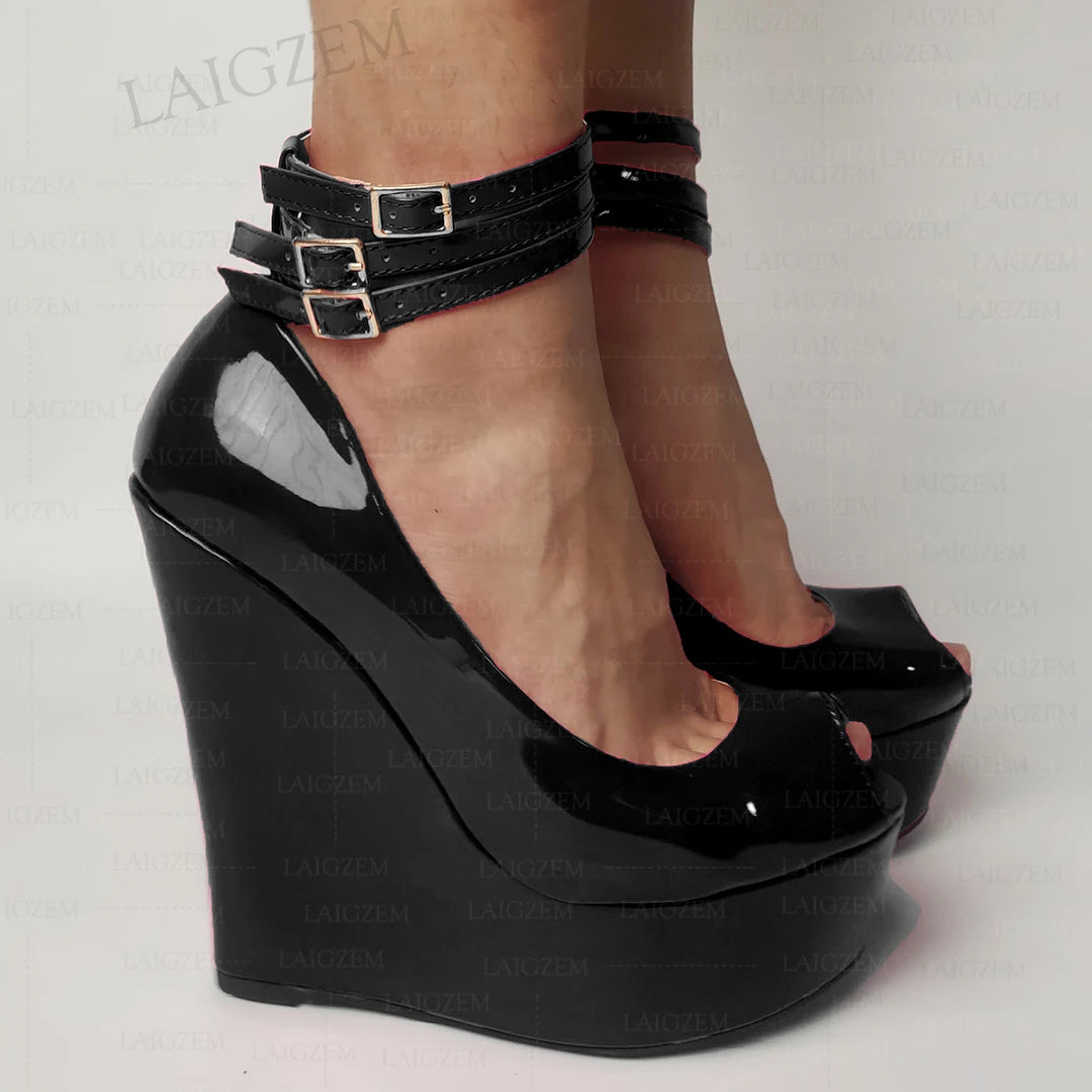 LAIGZEM Women Platform Wedges Pumps Ankle Straps Shiny Peep Toe High Heels Sandals Ladies Height Increase Shoes Woman Large Size
