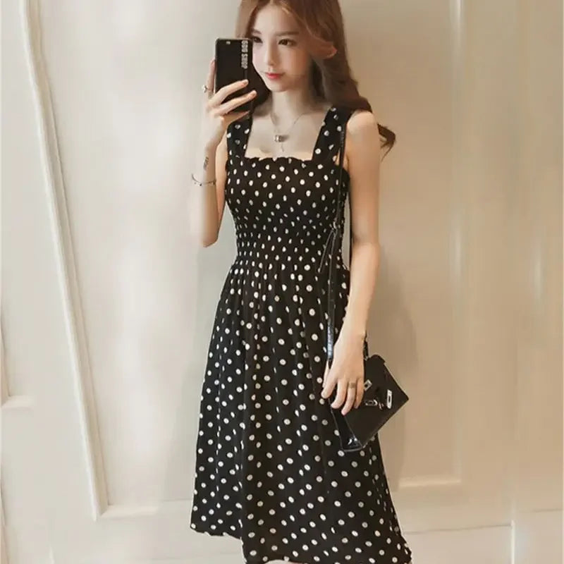 robe femme Summer Polka Dot Womens Dresses Elegant Square Neck Sleeveless Chiffon Long Dress Super Discount vestidos para mujer