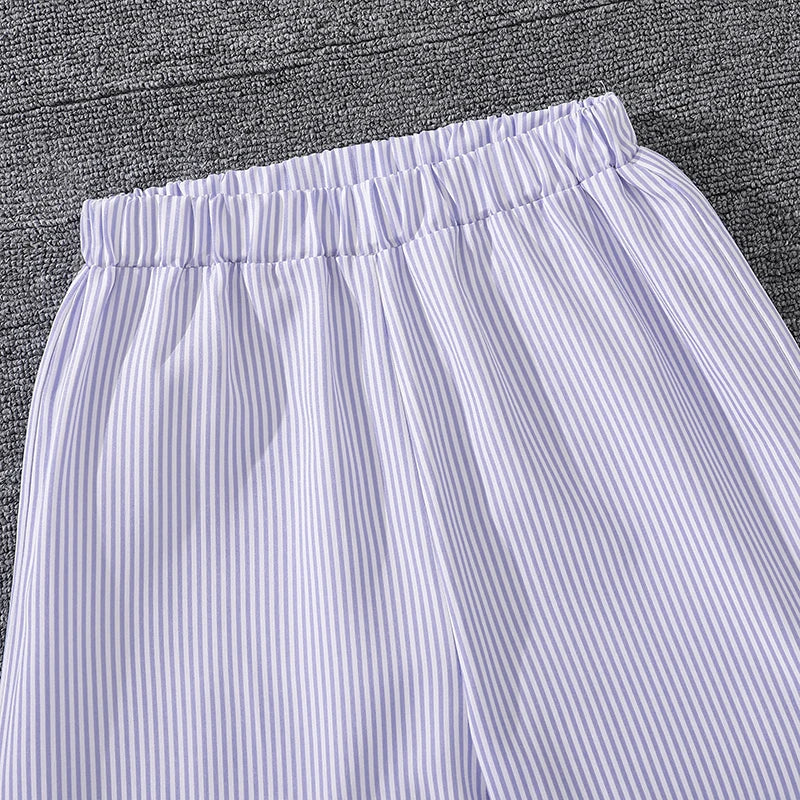 Spring Hot Sale Kids Outfit 4-12 Years Girls Striped Long Sleeve Chemise + Casual Loose Straight Leg Pants Shirt Suit 2Pcs Set