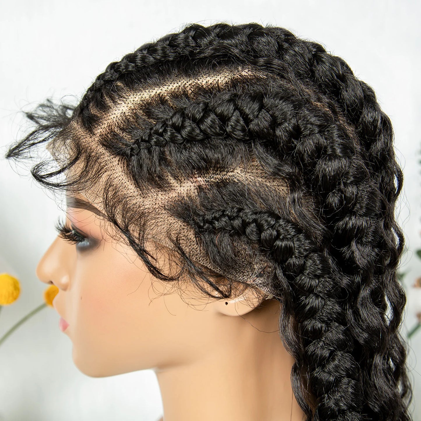 Cornrow Braided Wigs with Curly Ends Knotless Lace Frontal Braids Wig Synthetic Full Lace Braided Wigs with Baby Hair for Women