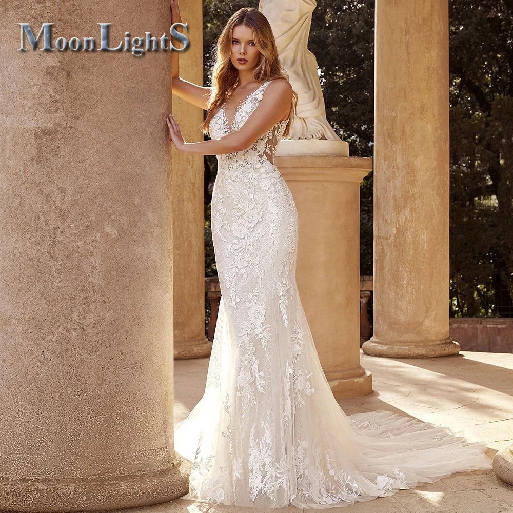 Moonlight Bohe Mermaid Wedding Dresses for Women Button Court Train Lace Appliques Vestidos De Novia for Brides Customized