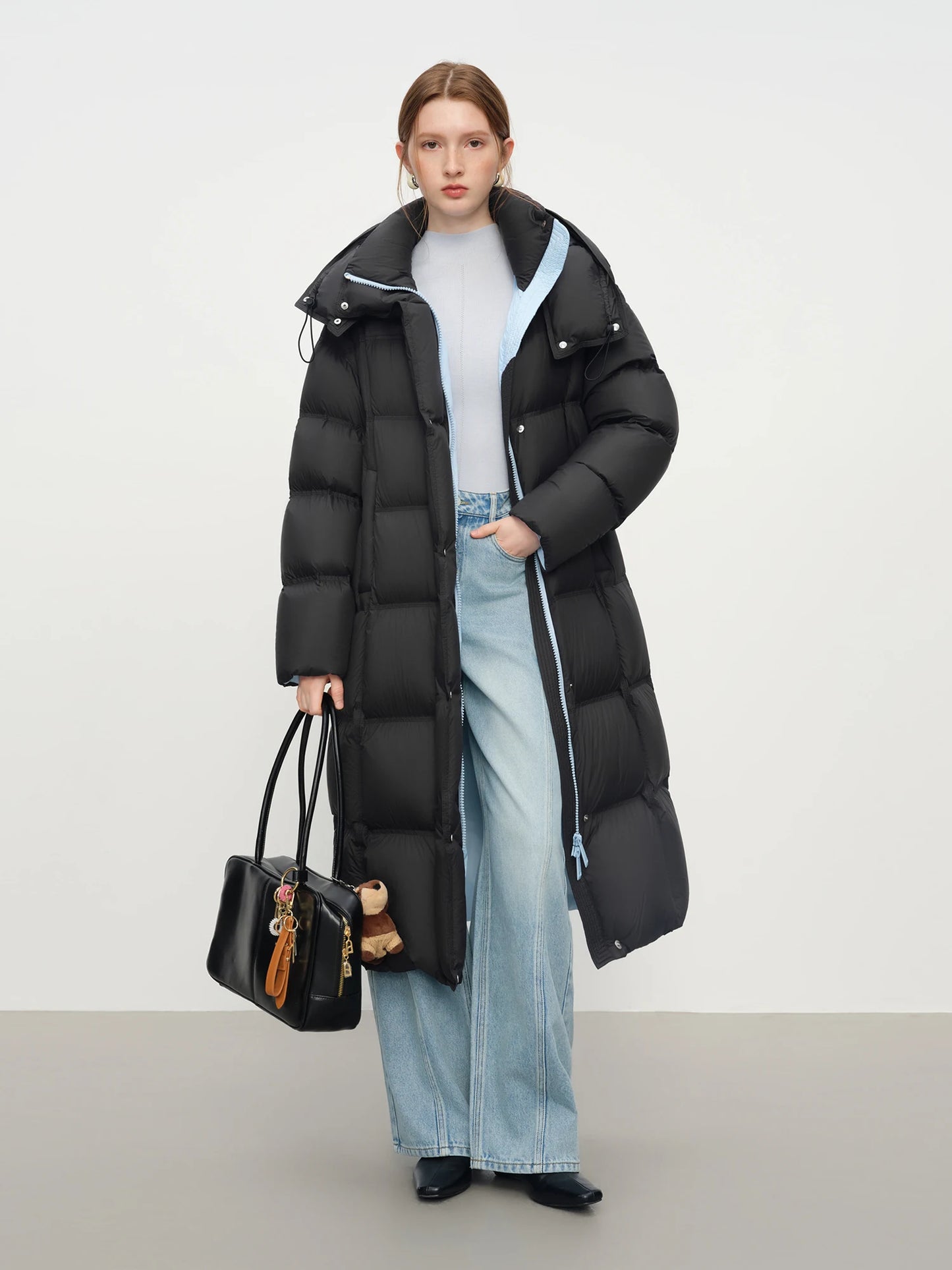 FSLE 2025 Winter New Women's Long Puffer Down Coat with Hood Two-Tone Color Block Thermal Insulated Jacket Heavy Warm Outerwear