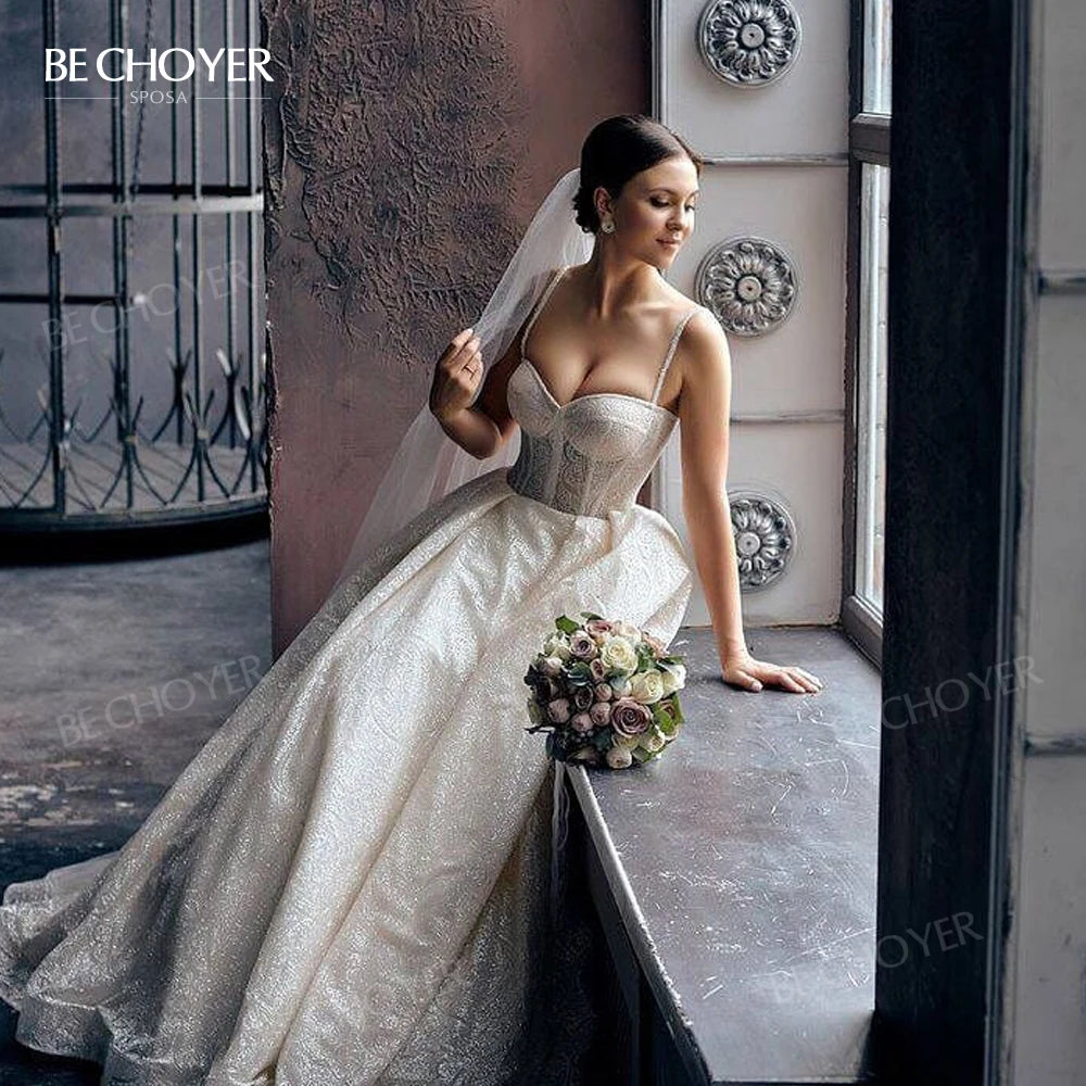 Wedding Dress Shiny Sleeveless A-Line Beach Beaded 2025 Boho Party Bride Gown Princess BECHOYER PT02 customized Vestido De Noiva