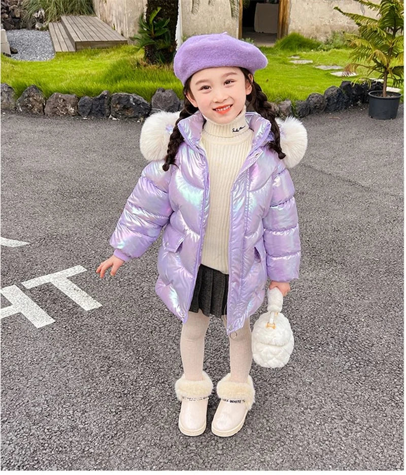 New Winter Coats Girls Warm Long Down Jackets Kids Fashion Unicorn Shiny Waterproof Parka Children Fur Collar Hooded Outerwear