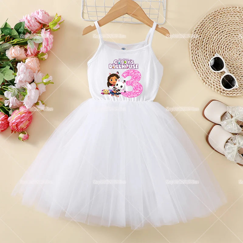 Gabby Dollhouse Suspenders Dress Puffy Cute Cartoon Anime Summer Girls Dresses Mesh Baby Kids Trend Princess Skirt Birthday Gift