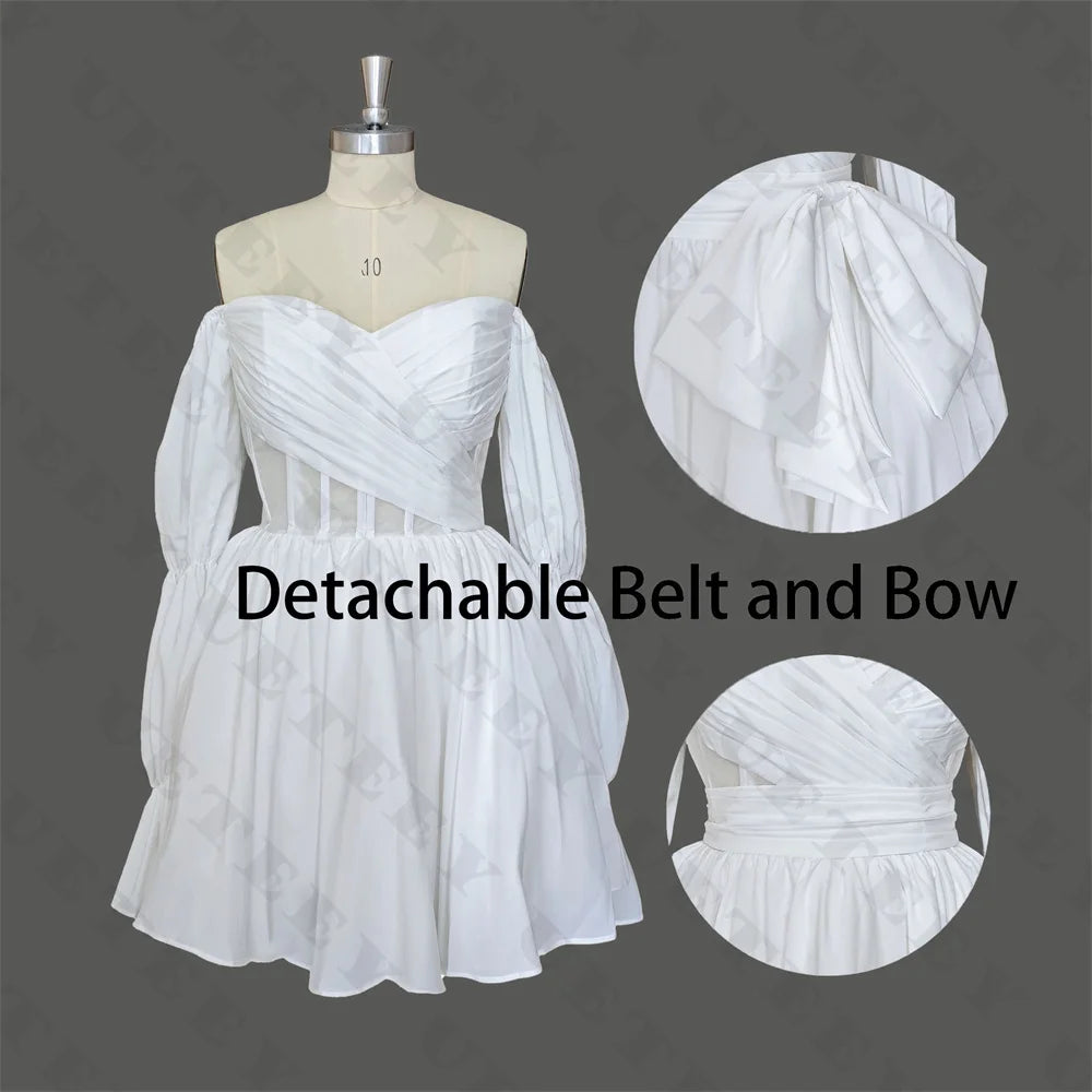 UETEEY Customized V Neck Off Shoulder Puff Sleeves Crepe A Line Mini Wedding Dress Pleats Zipper Back Above Knee Bridal Gown